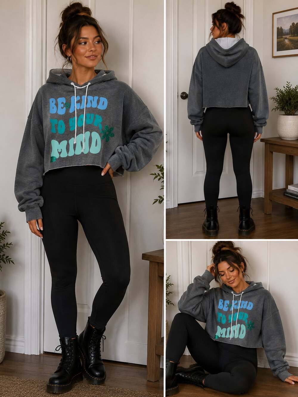 Wild Fable Gray Cropped Hoodie Sweatshirt Size M Be Kind To Your Mind Graphic - Picture 1 of 5